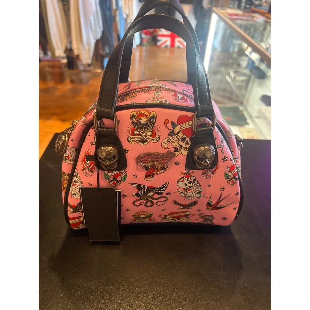 Ed Hardy Pink Tattoo Print Mini Bowler Bag Skull Hardware Y2K Satchel NEW